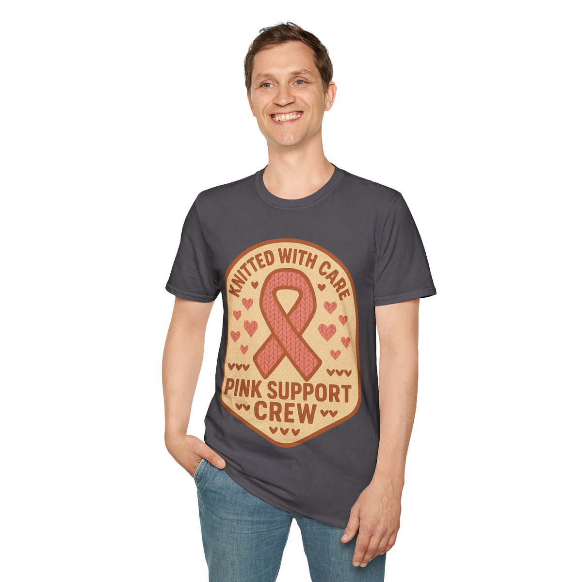 Pink Support Crew Knitted With Care Shield Badge T-Shirt, Breast Cancer Awareness Tee - Trending Now - September 2026