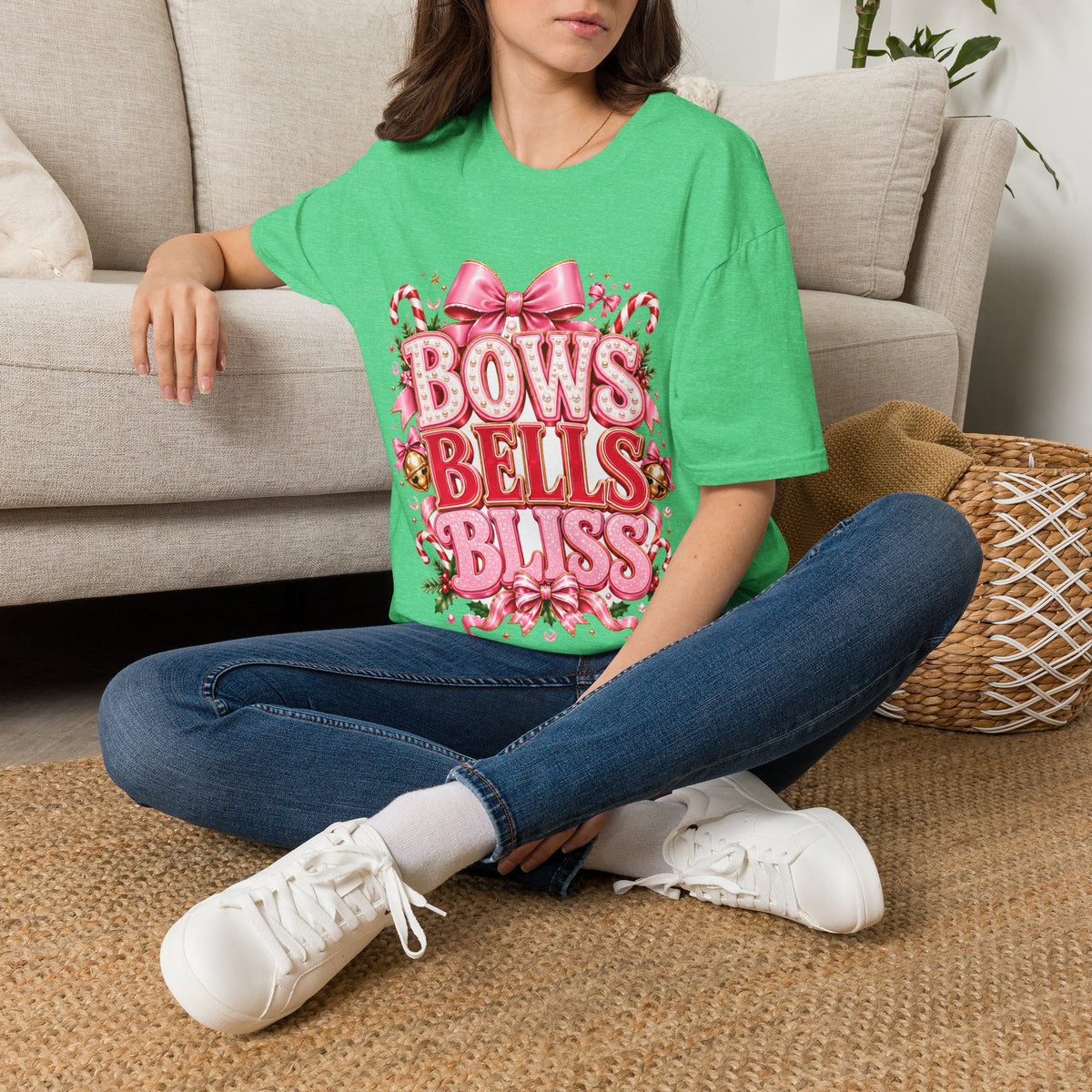 Bows Bells Bliss Christmas T‑Shirt — Pink Holiday Bow Graphic