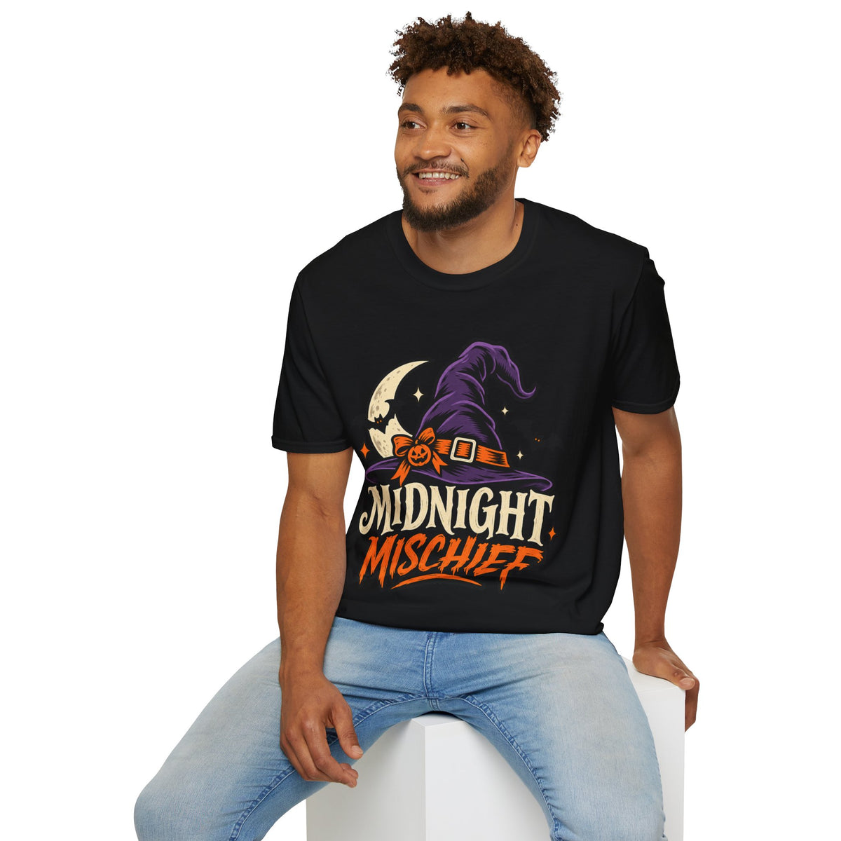 Midnight Mischief Halloween T-Shirt — Witch Hat & Bats Graphic