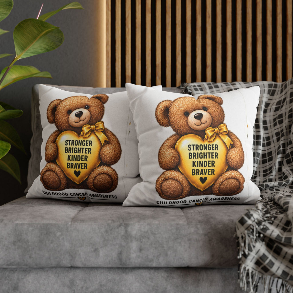 Childhood Cancer Awareness Bear Square Pillowcase – Stronger Brighter Kinder Braver