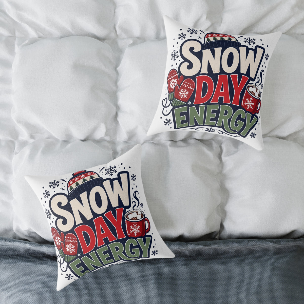 Christmas Snow Day Energy Pillow — Cozy Winter Decorative Throw Pillow with Holiday Mug & Mittens Design