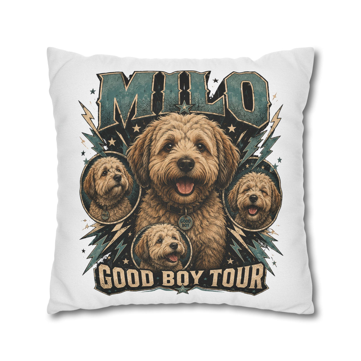 Milo "Good Boy Tour" Decorative Pillowcase — Cute Dog Portrait Square Throw Pillowcase Milo Bailey Dog Dad Mom