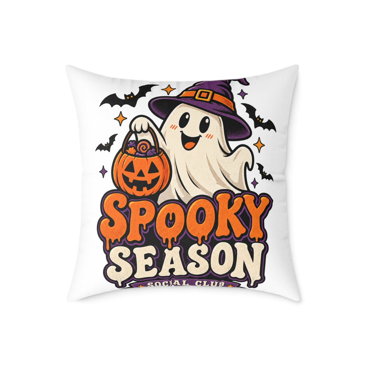 Spooky Season Halloween Pillow - Cute Ghost & Pumpkin Square Throw Pillow