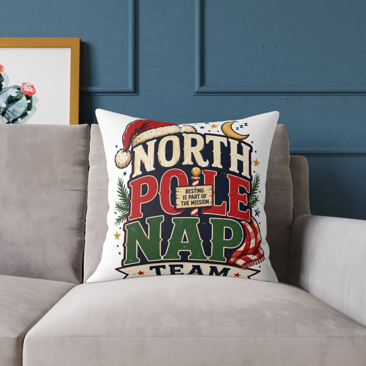 Christmas North Pole Nap Team Throw Pillow — Funny Christmas Holiday Decorative Cushion