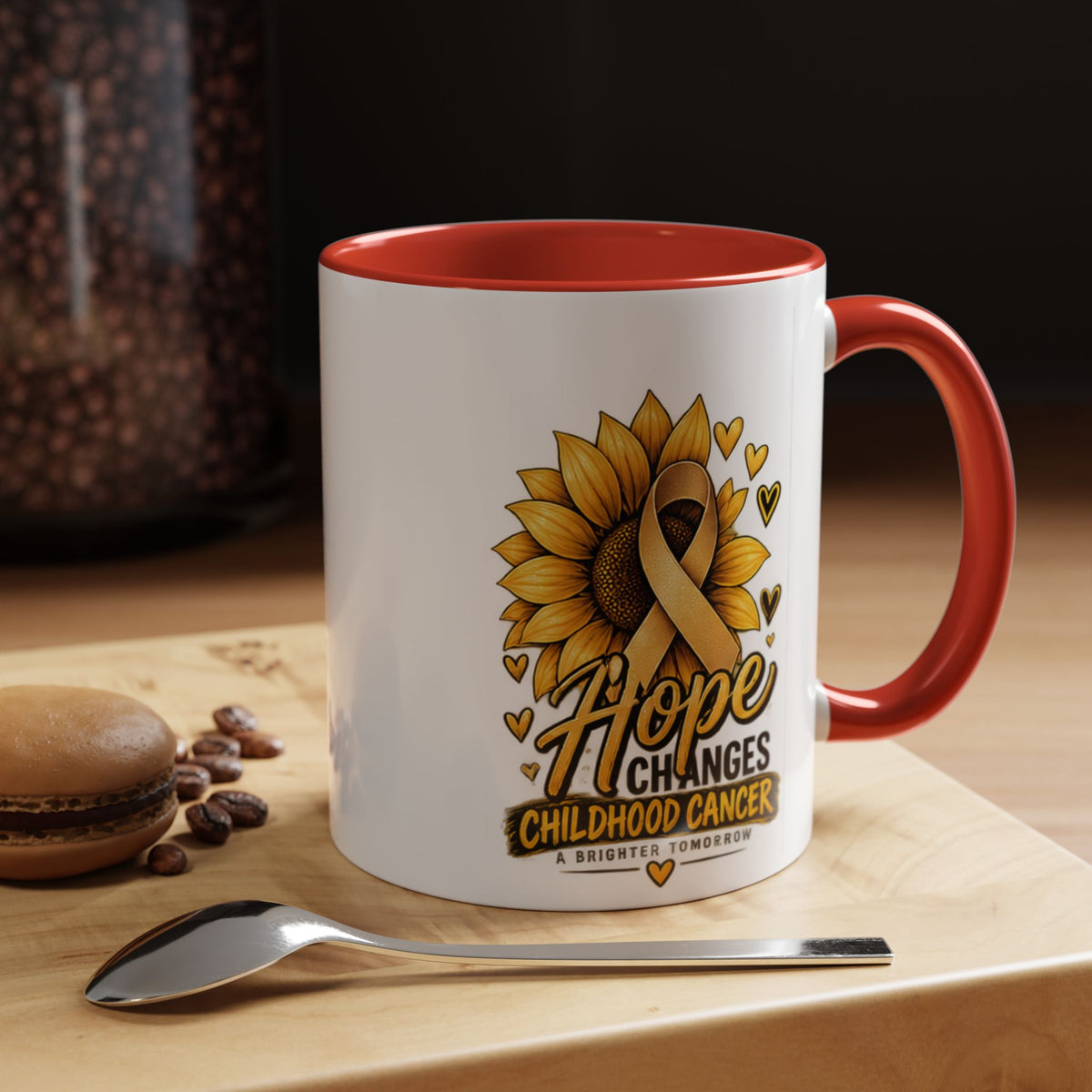 Hope Changes Childhood Cancer Mug – Gold Ribbon Sunflower Accent Coffee Cup (11/15oz)