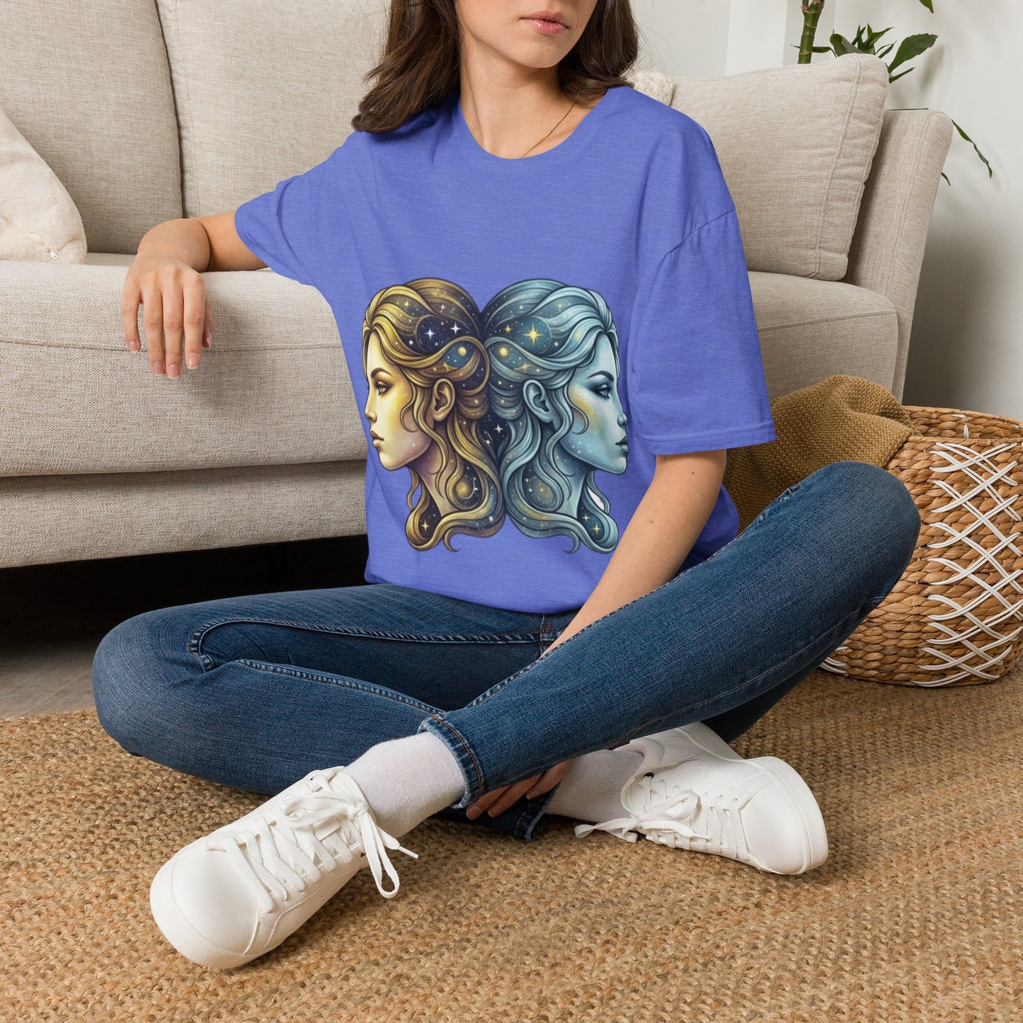 Zodiac Gemini Sun & Moon T-Shirt — Dual Faces Cosmic Design