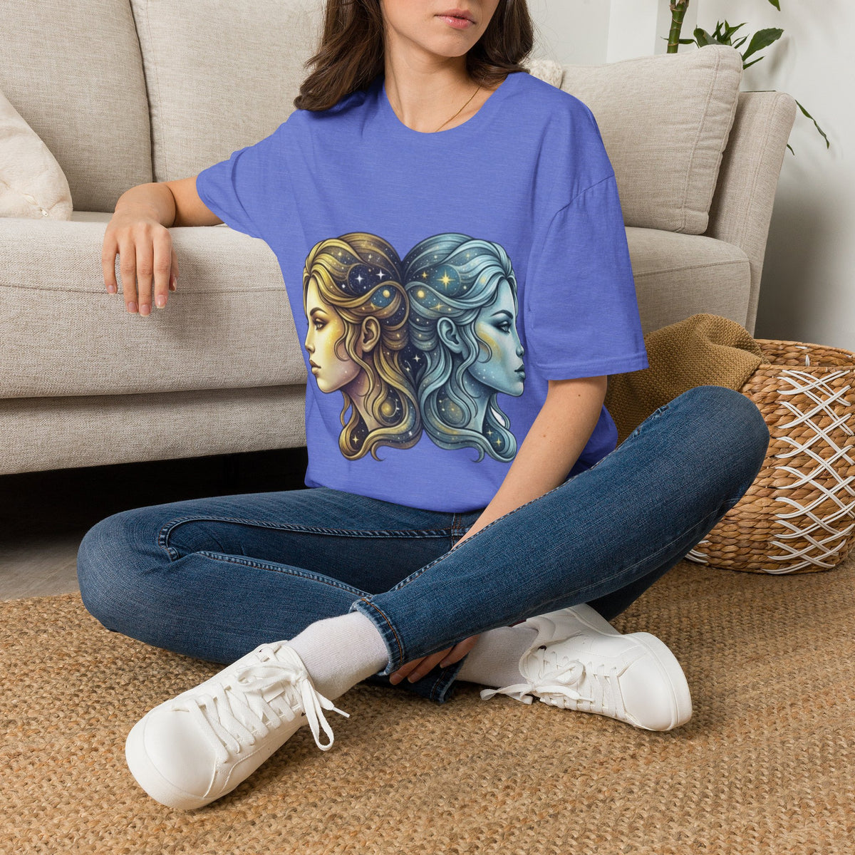 Zodiac Gemini Sun & Moon T-Shirt — Dual Faces Cosmic Design