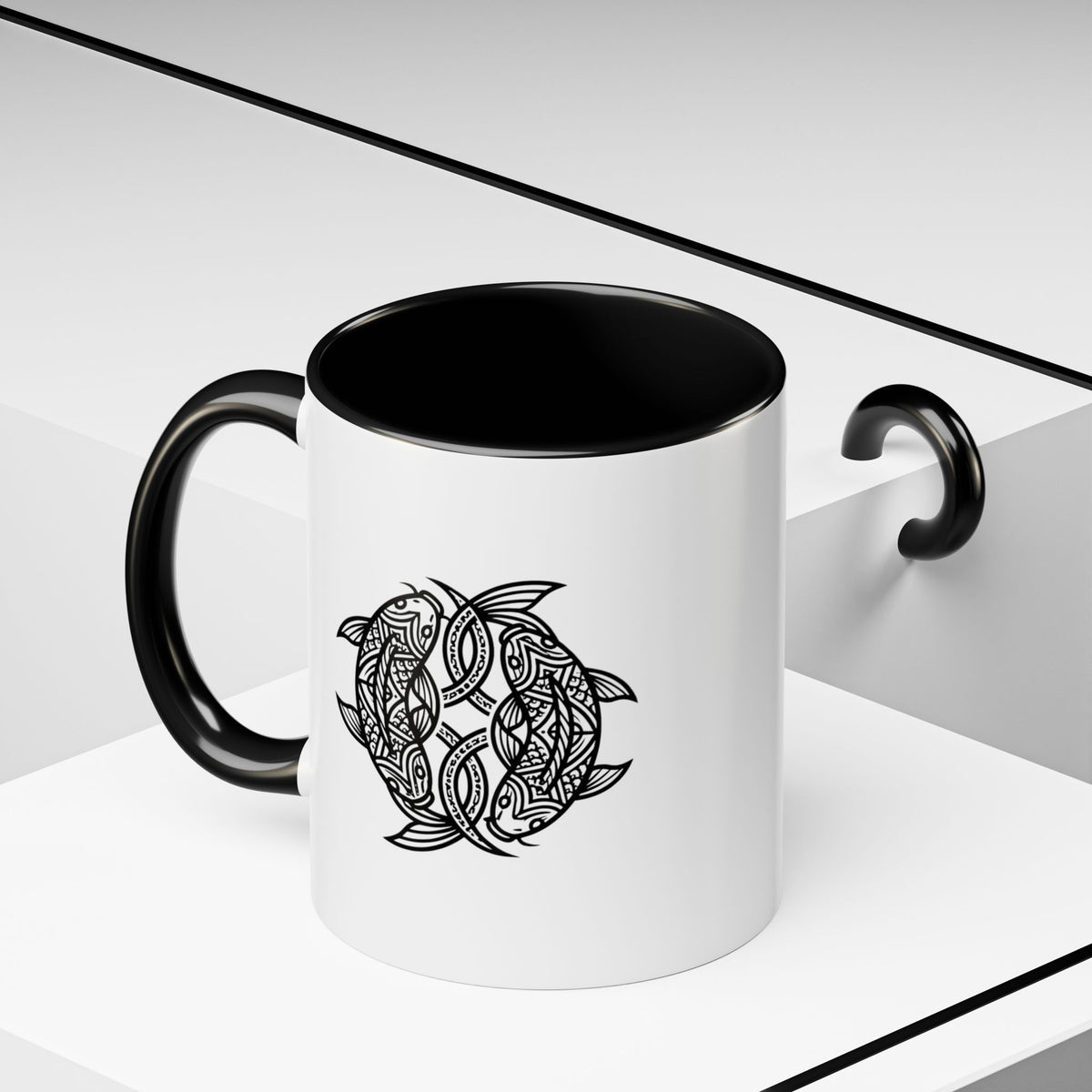 Pisces Zodiac Turtle Mandala Accent Coffee Mug – Black Interior & Handle, Intricate Tribal Sea Turtle Design