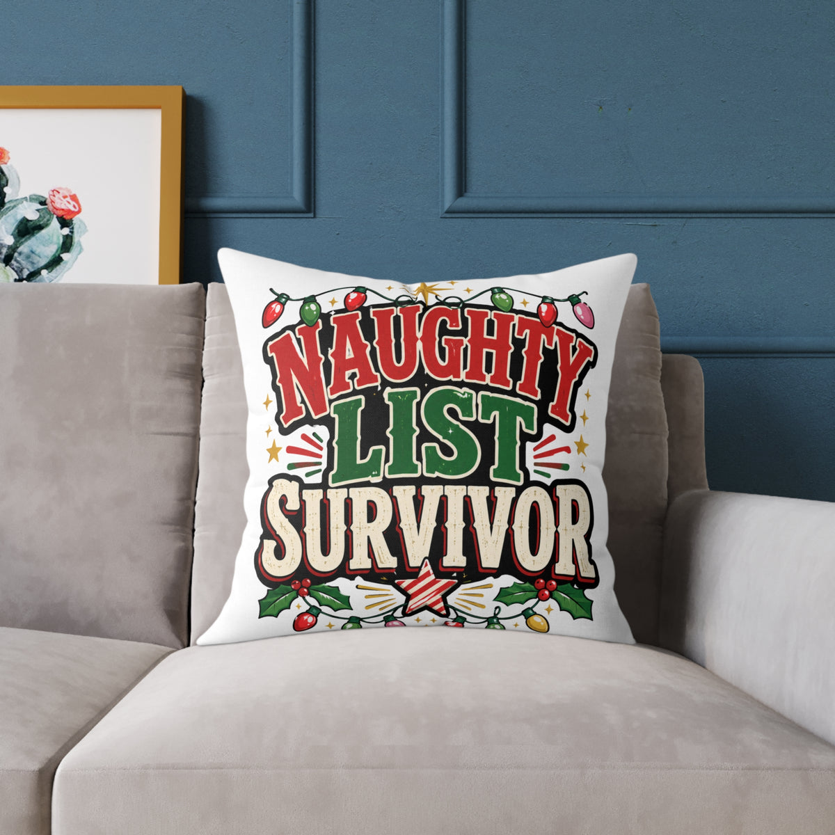 Christmas Square Pillow - "Naughty List Survivor" Christmas Holiday Decorative Throw Pillow