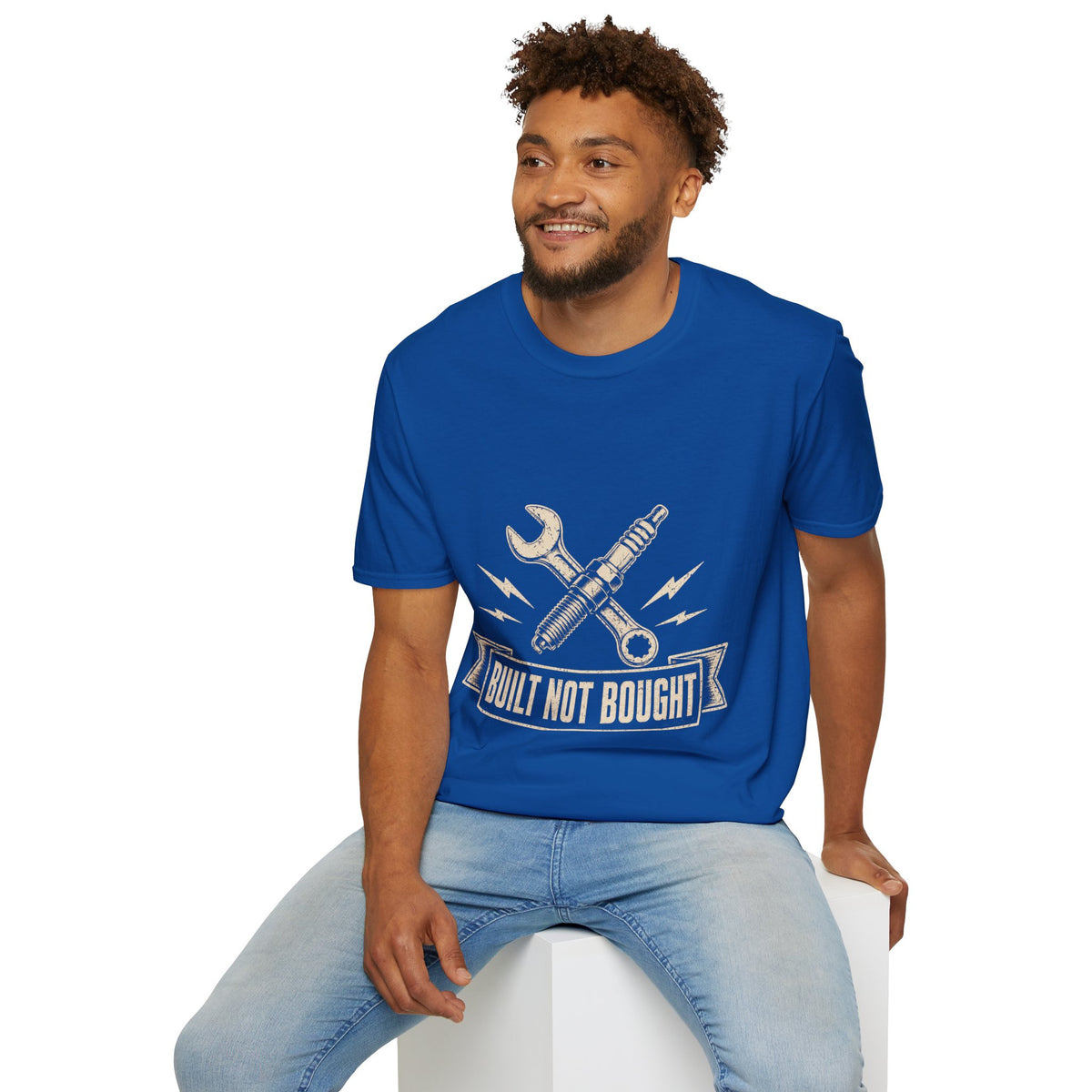 Built Not Bought T-Shirt — Vintage Mechanic Spark Plug & Wrench Tee for DIY Car Enthusiasts