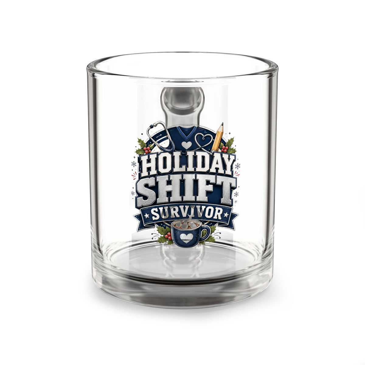 Modern Day Christmas Glass Mug  10oz Glass Mug — Holiday Shift Survivor: Nurse & Healthcare Worker Holiday Gift