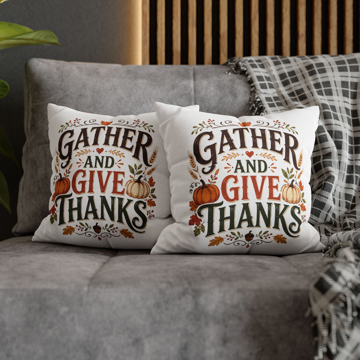 Thanksgiving Throw Pillow - "Gather and Give Thanks" Autumn Decorative Pillowcase