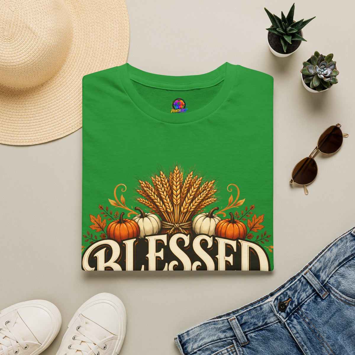 Thanksgiving T-Shirt Blessed Beyond Measure T-Shirt — Fall Harvest Pumpkin & Wheat Tee