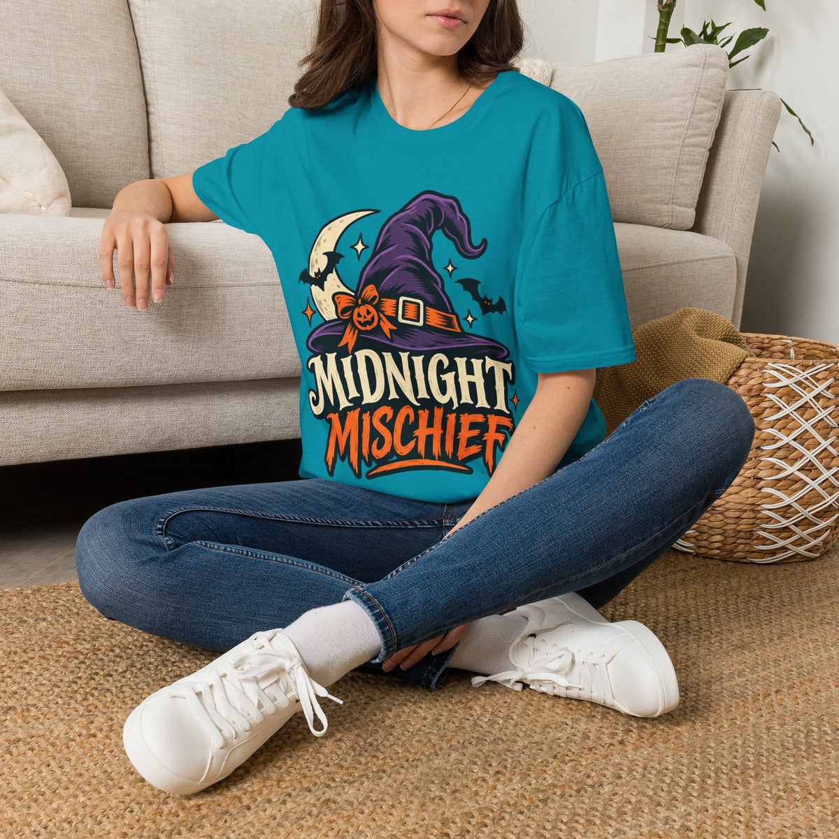 Midnight Mischief Halloween T-Shirt — Witch Hat & Bats Graphic