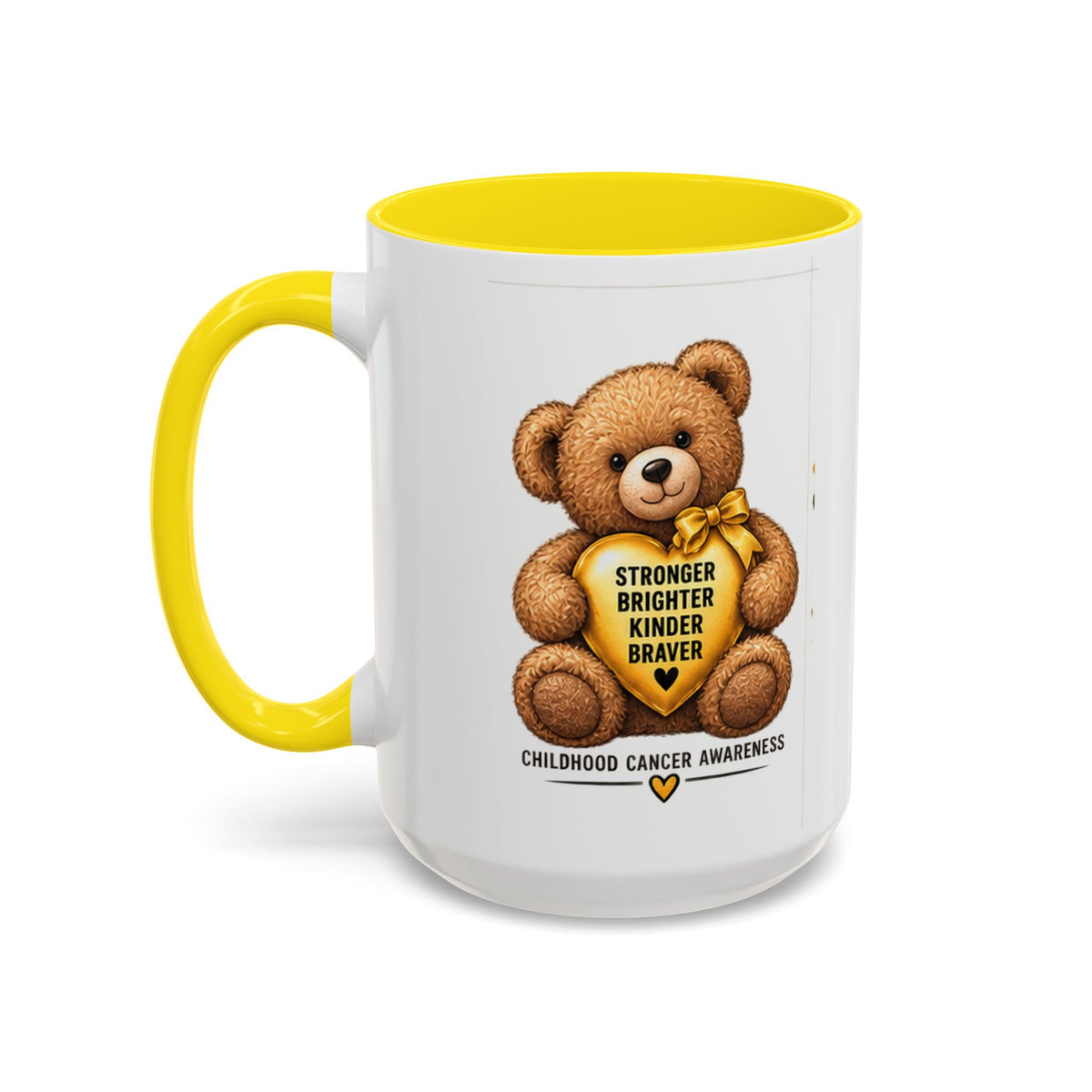 Childhood Cancer Awareness Coffee Mug — 'Stronger Brighter Kinder Braver' Teddy