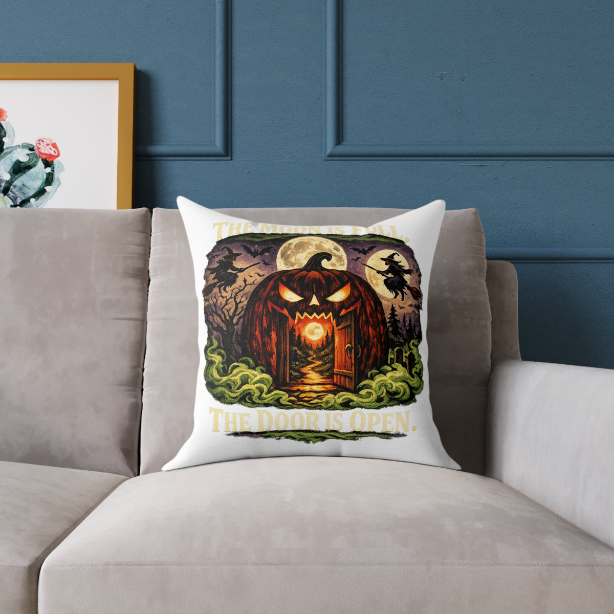 Halloween Pumpkin Doorway Square Pillow — Spooky Haunted House Decorative Throw Pillow