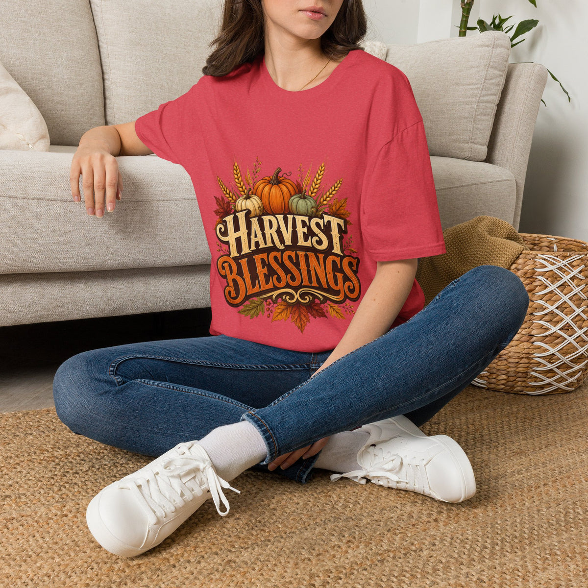 Thanksgiving T-Shirt Harvest Blessings T-Shirt — Fall Pumpkin & Wheat Autumn Tee