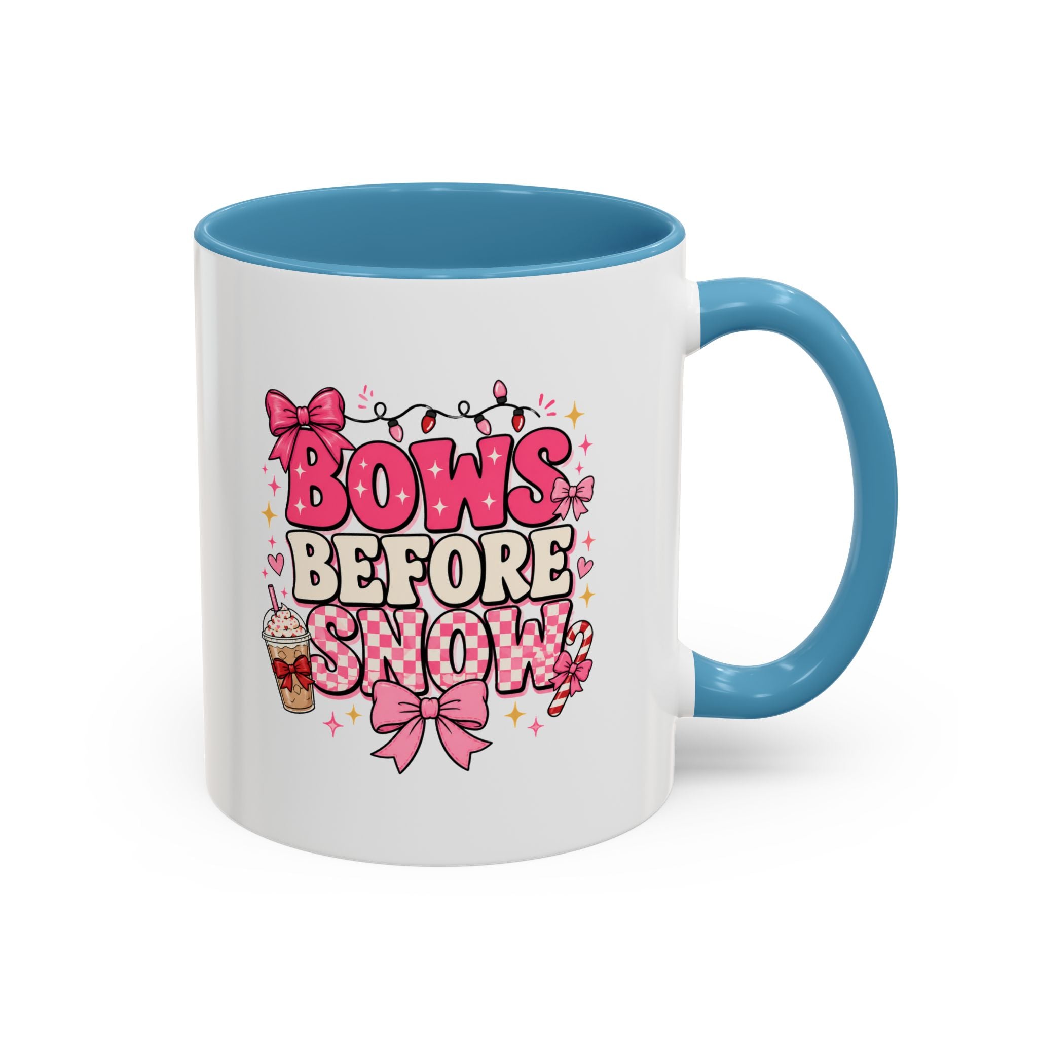 Modern Day Christmas Bows Before Snow Accent Coffee Mug — Cute Pink Holiday Hot Cocoa Design (11/15oz)