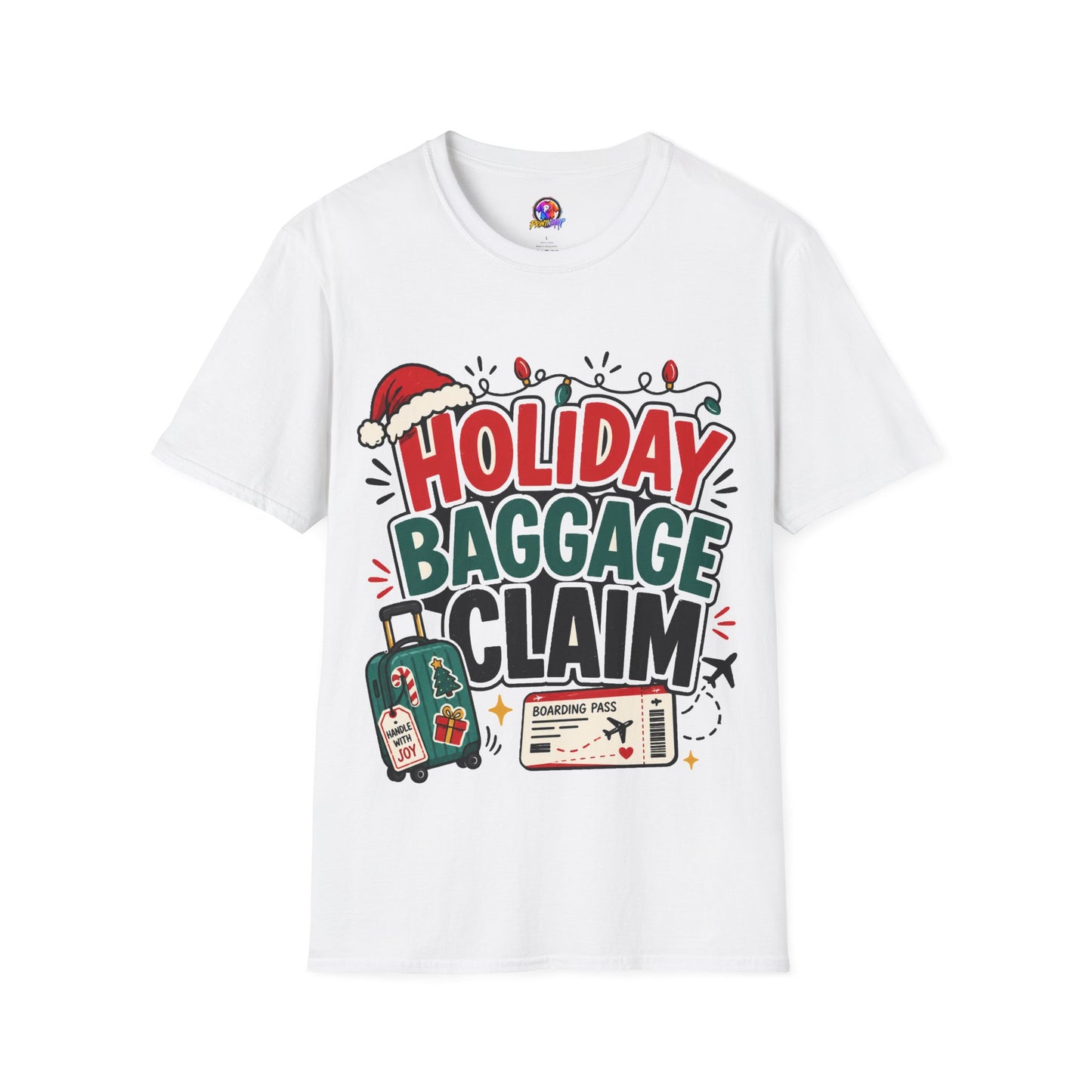 Holiday Baggage Claim T-Shirt — Funny Christmas Vacation Tee with Santa Hat & Lights