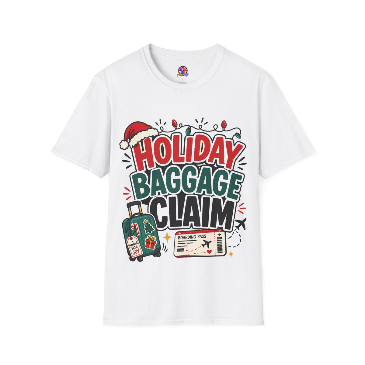 Holiday Baggage Claim T-Shirt — Funny Christmas Vacation Tee with Santa Hat & Lights