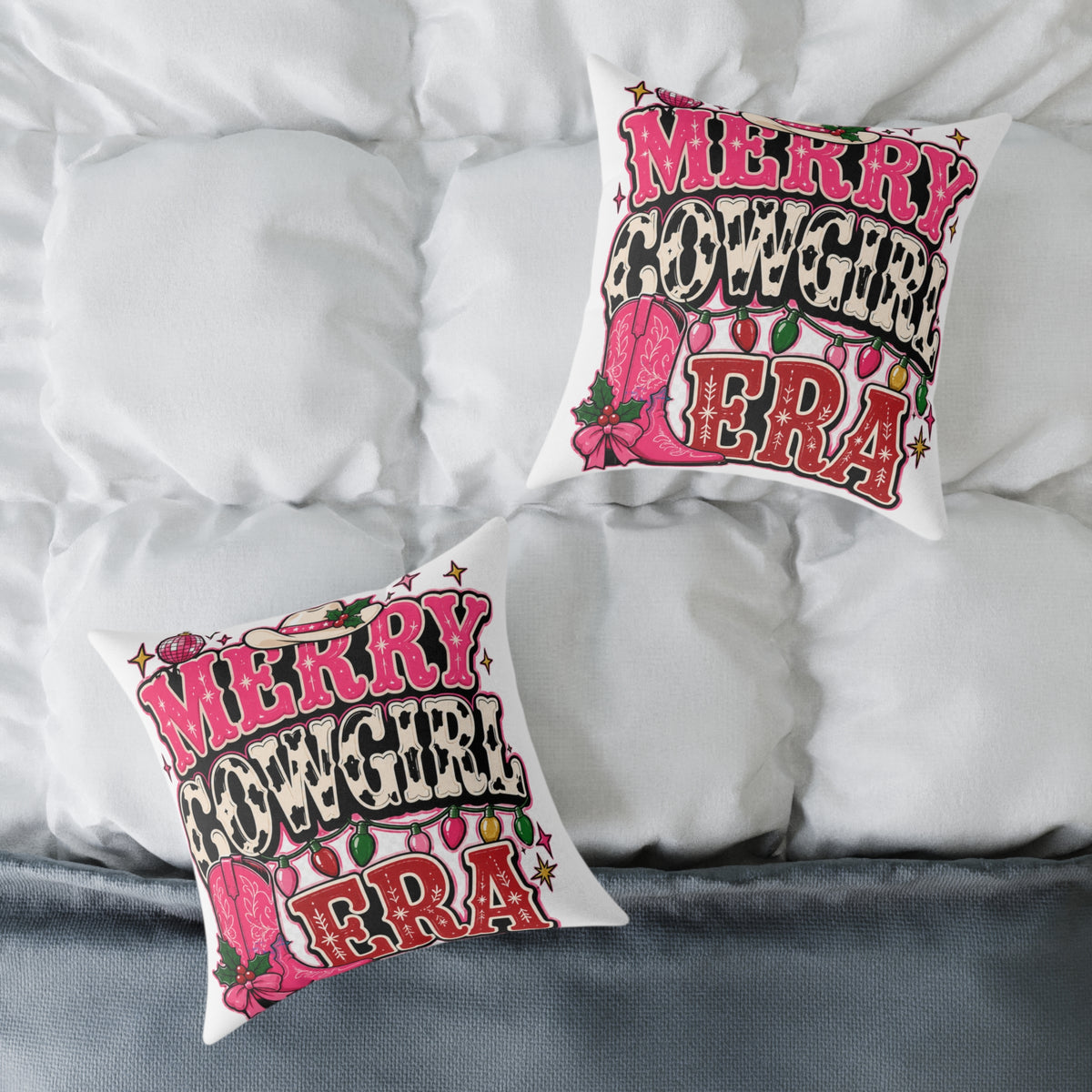 Merry Cowgirl Era Modern Day Christmas Square Poly Canvas Pillow