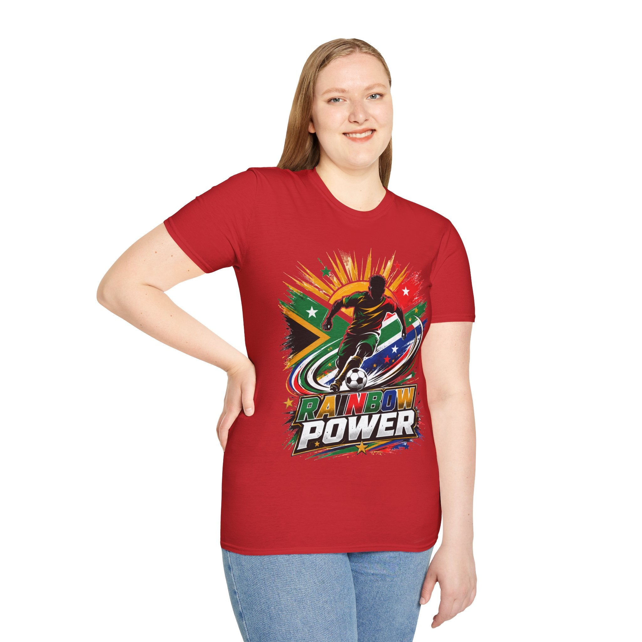 South Africa Soccer Rainbow Power T-Shirt — Colorful Football Player Graphic Tee