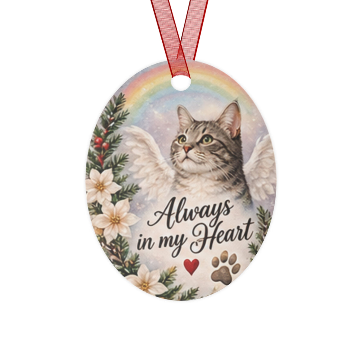 Cat Memorial Metal Ornament — "Always in My Heart" Angel Cat Christmas Keepsake