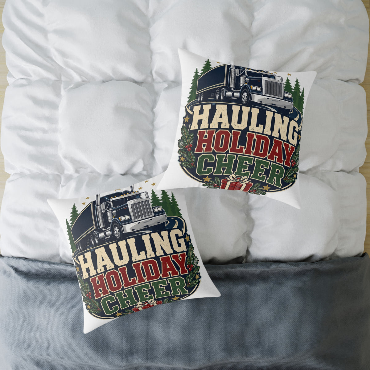 Hauling Holiday Cheer Modern Day Christmas Square Poly Canvas Pillow
