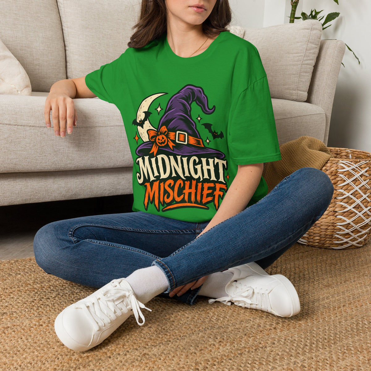 Midnight Mischief Halloween T-Shirt — Witch Hat & Bats Graphic