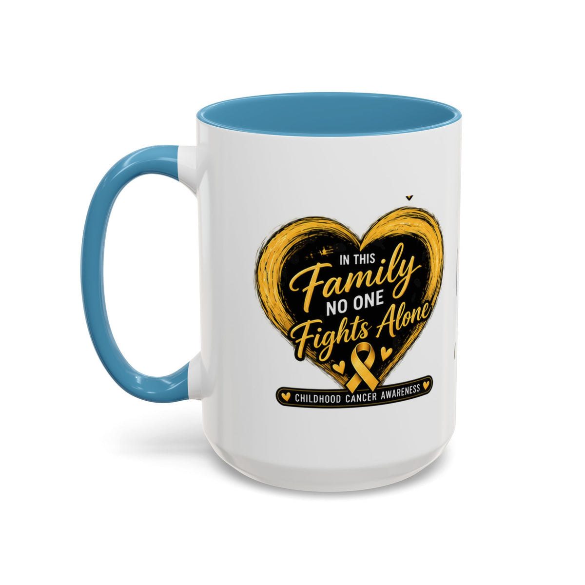 Childhood Cancer Awareness Accent Coffee Mug — "In This Family No One Fights Alone"