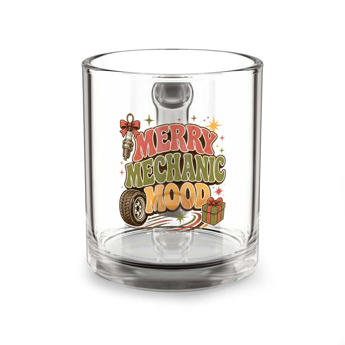 Modern Day Christmas Glass Mug  10oz Merry Mechanic Mood Glass Mug — 10oz Holiday Coffee Cup for Car Lovers