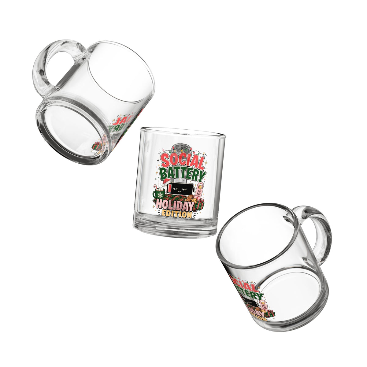 Modern Day Christmas Glass Mug  10oz Social Battery Holiday Edition Glass Mug — 10oz Festive Coffee Cup