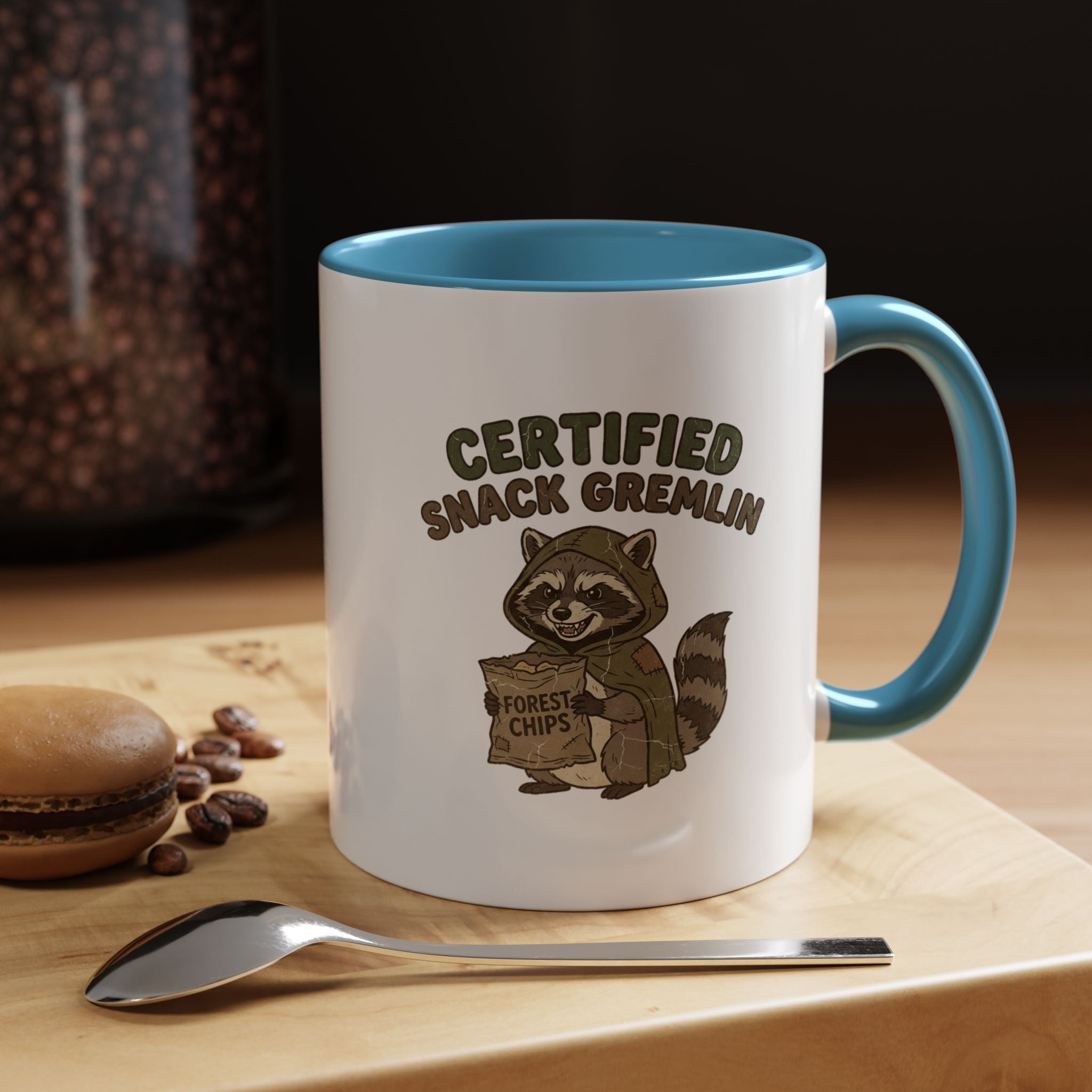 Funny Certified Snack Gremlin Coffee Mug — Cute Raccoon Snack Lover Accent Mug