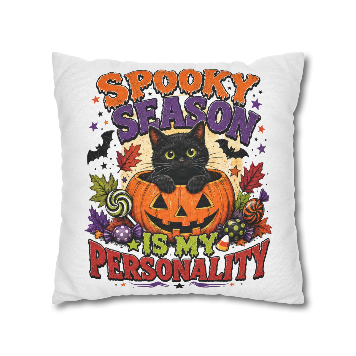 Halloween Pillowcase — "Spooky Season Is My Personality" Black Cat & Pumpkin Decorative Pillow Cover
