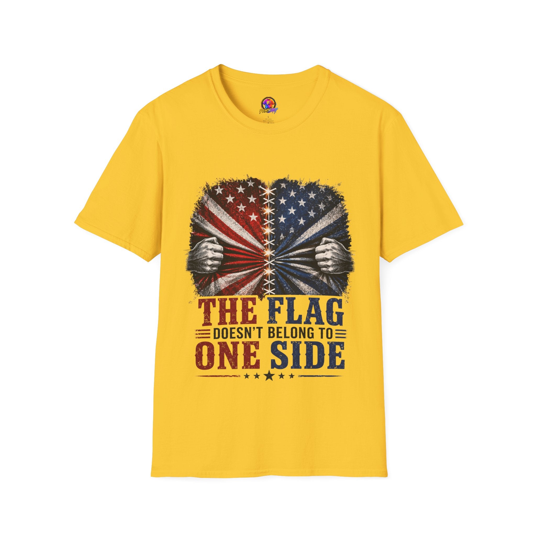 T-Shirt — "The Flag Doesn't Belong to One Side" Distressed American Flag Graphic