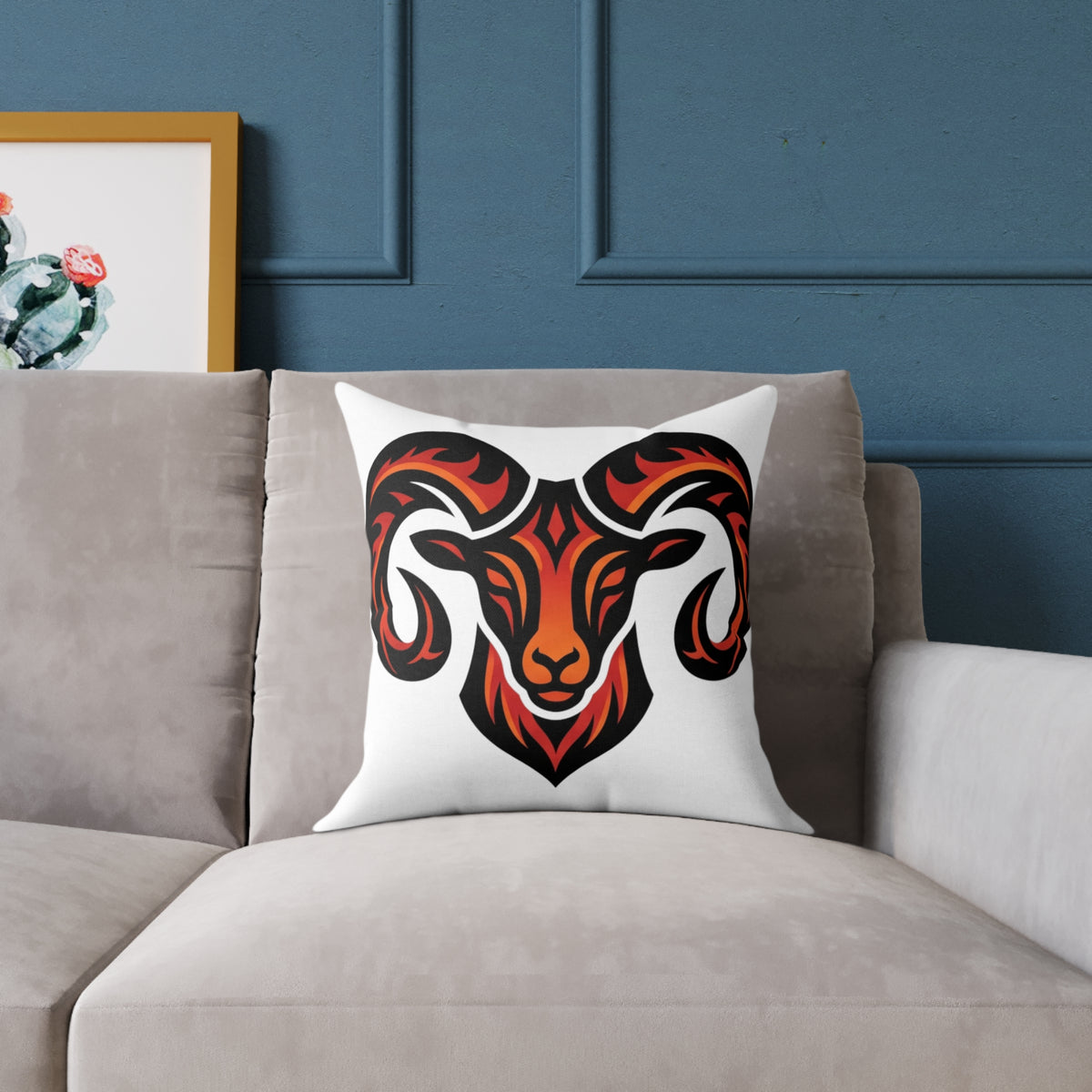Aries Zodiac Ram Head Throw Pillow — Tribal Flame Goat Design Decorative Cushion