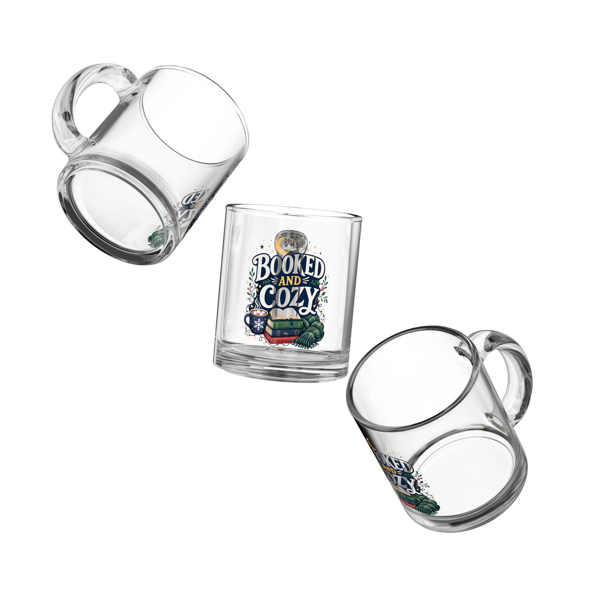 Modern Day Christmas Glass Mug - "Booked and Cozy" Illustrated Reading Mug, 10oz