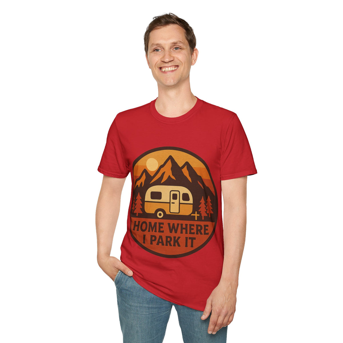 "Home Where I Park It" Vintage Camper Van Graphic Tee - Retro Sunset Mountain White T-Shirt - Trending Now - September 2026
