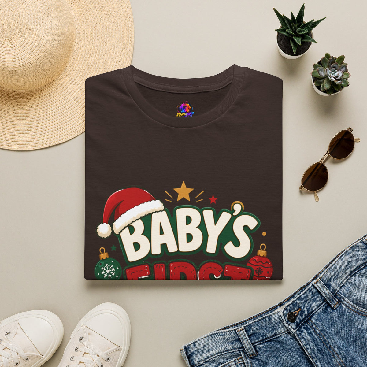 Baby's First Christmas T-Shirt — Festive Santa Hat & Ornaments Holiday Tee