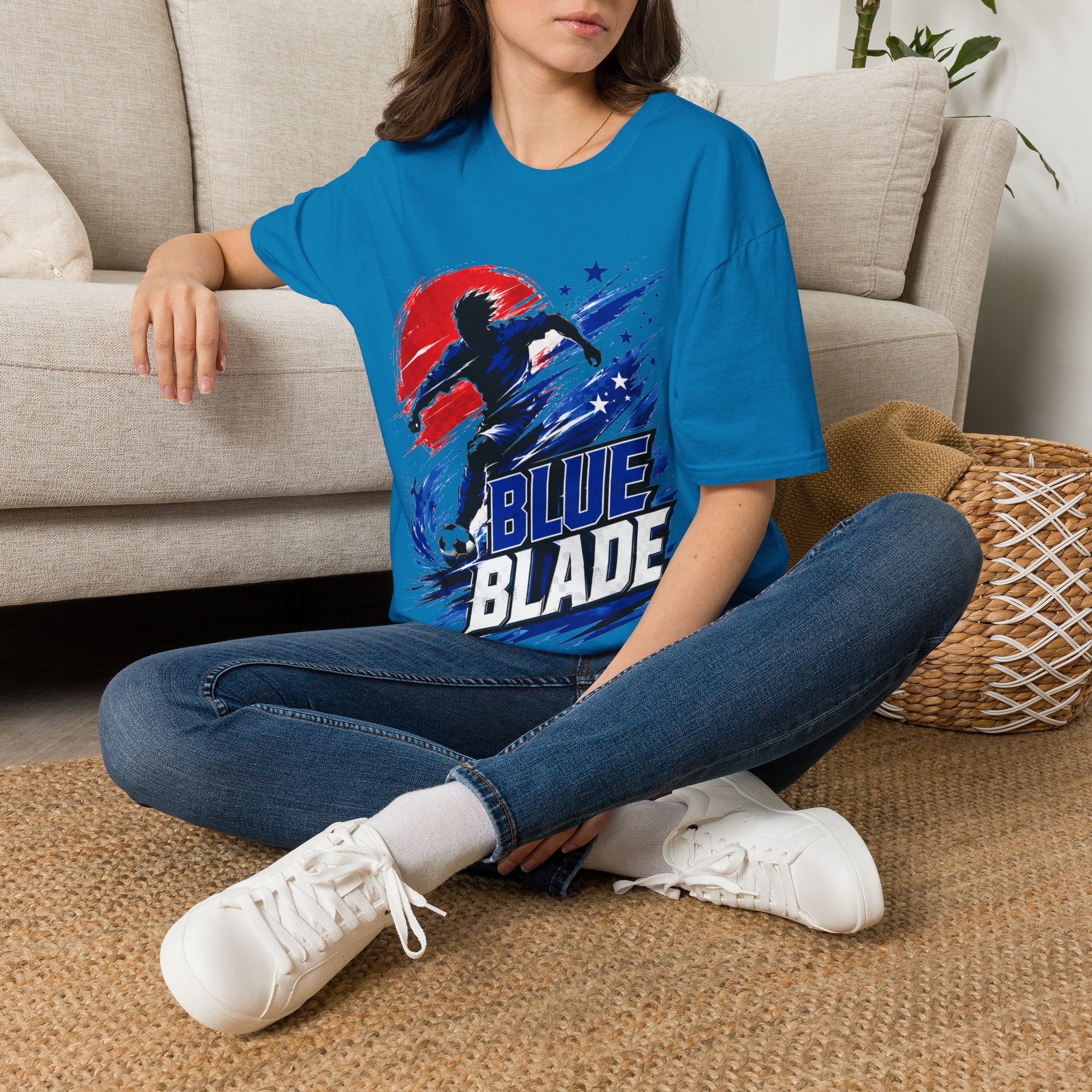 Japan T-Shirt — Blue Blade Soccer Graphic Tee (Red & Blue Starburst)