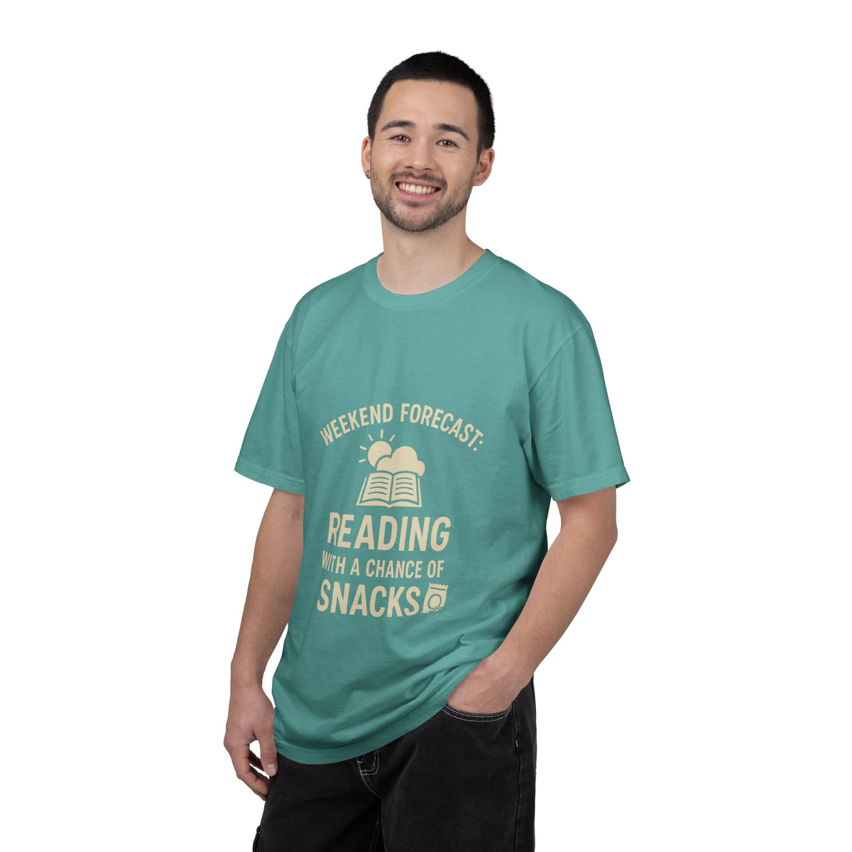 Reading & Snacks T-Shirt — "Weekend Forecast: Reading with a Chance of Snacks" - Trending Now - October 2026