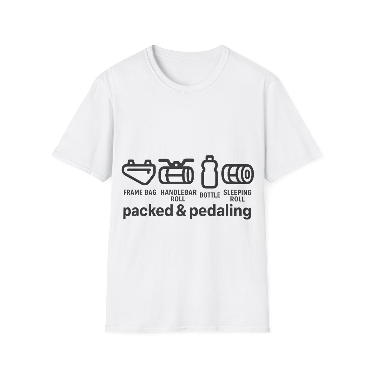 Packed And Pedaling Minimalist Bikepacking T-Shirt, Funny Cycling Touring Graphic Tee - Trending Now - September 2026