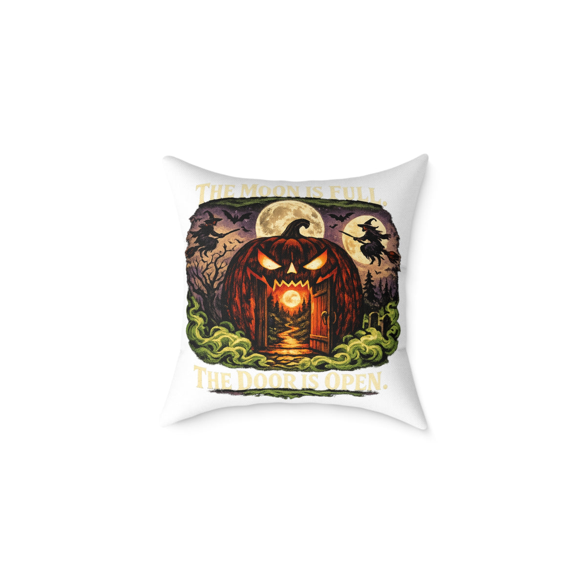 Halloween Pumpkin Doorway Square Pillow — Spooky Haunted House Decorative Throw Pillow