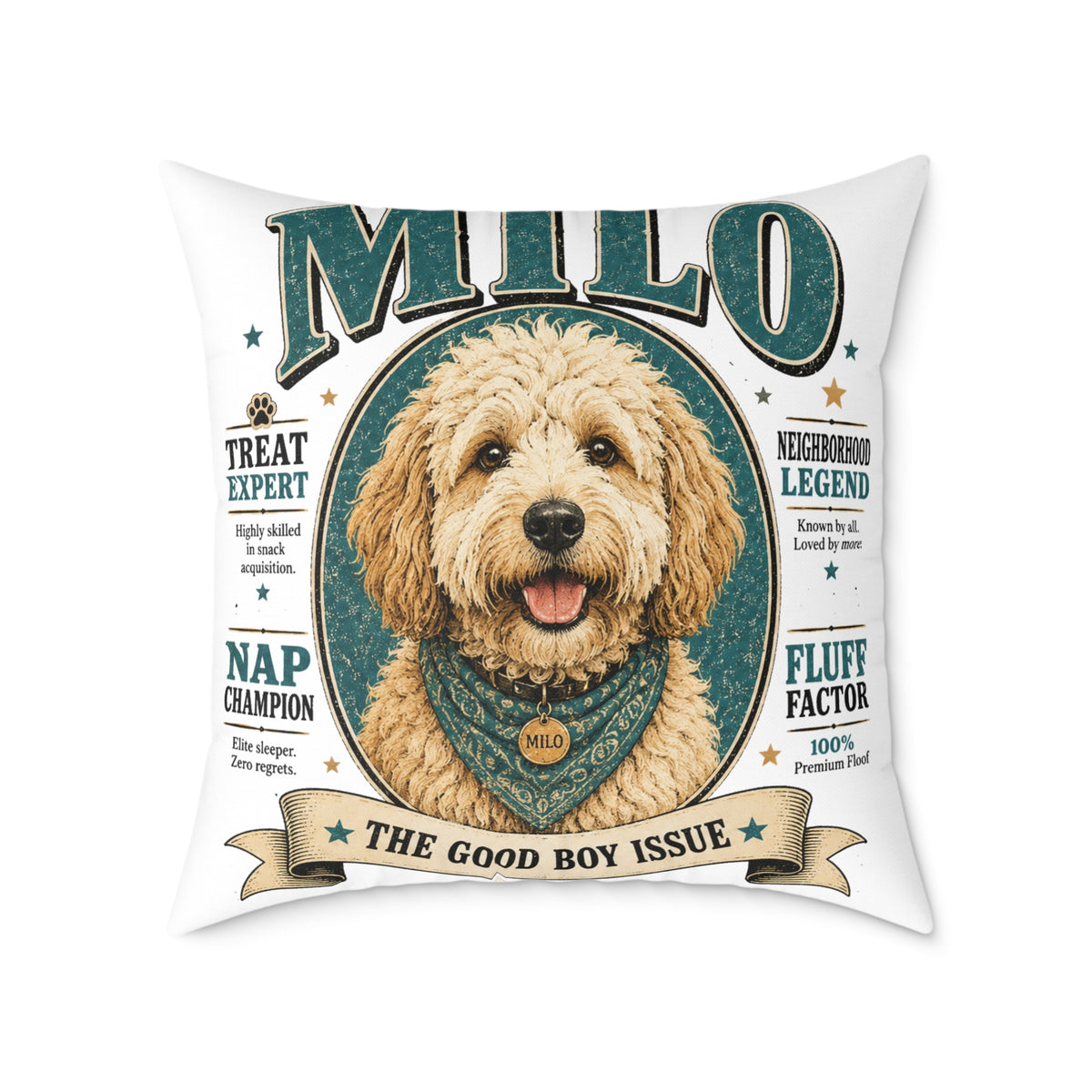 Milo Bailey Dog Dad Mom Square Pillow — "Milo: The Good Boy Issue" Dog Portrait Decorative Throw Pillow