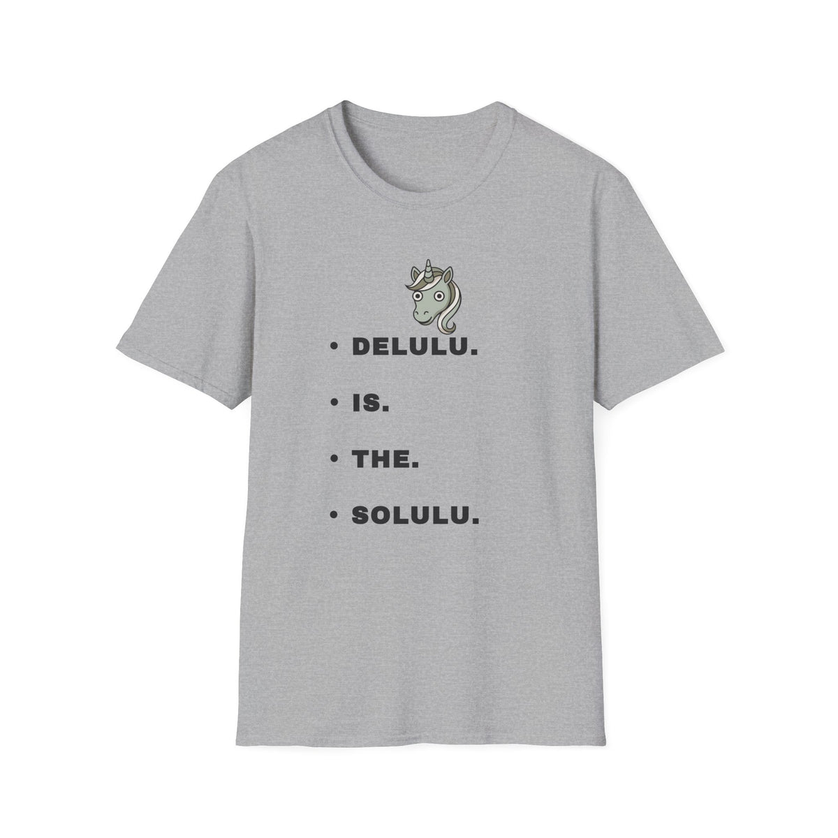 T-Shirt — Minimalist Unicorn Graphic Tee with "DELULU" Text - Trending Now - September 2026