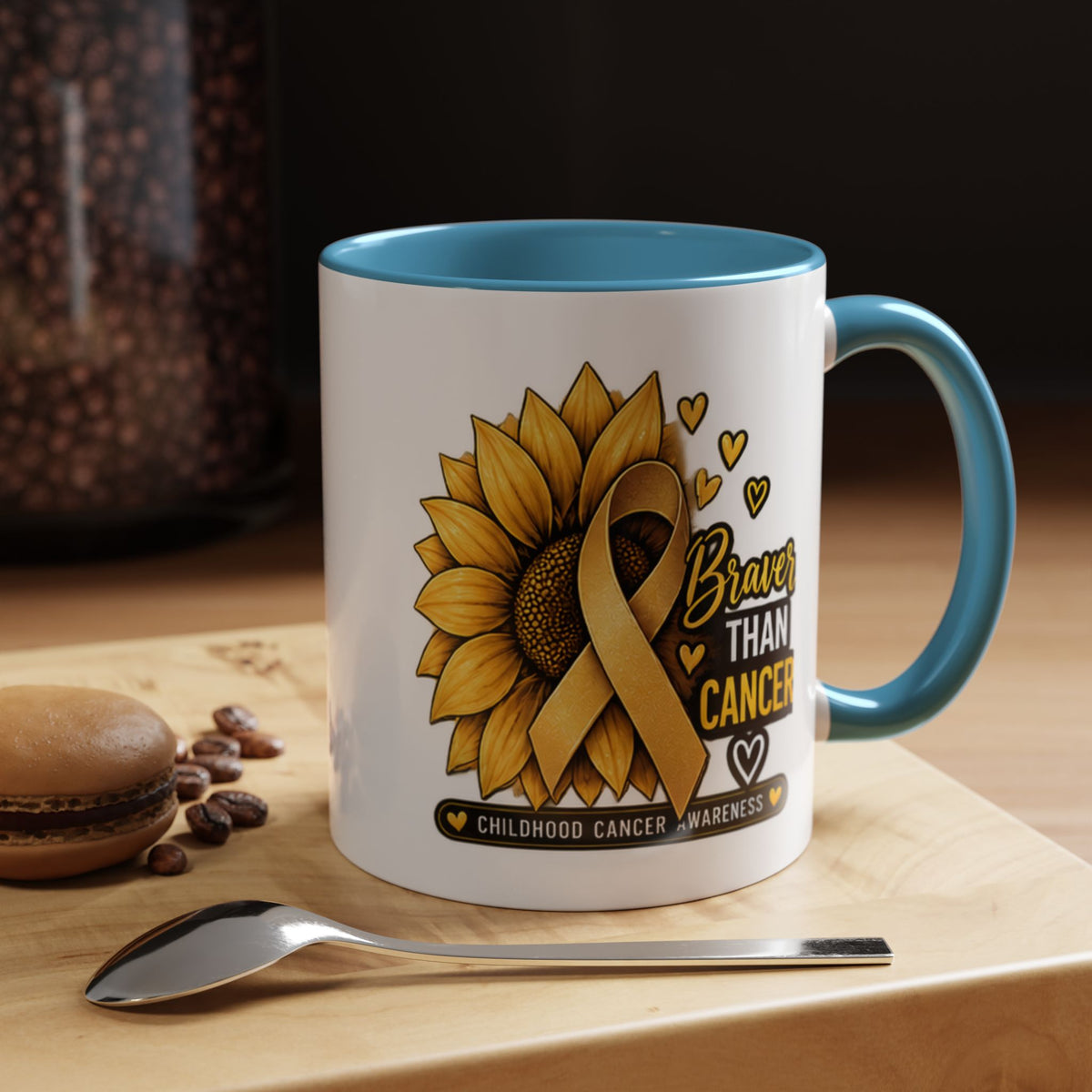 Childhood Cancer Awareness Mug — "Braver Than Cancer" Sunflower & Gold Ribbon