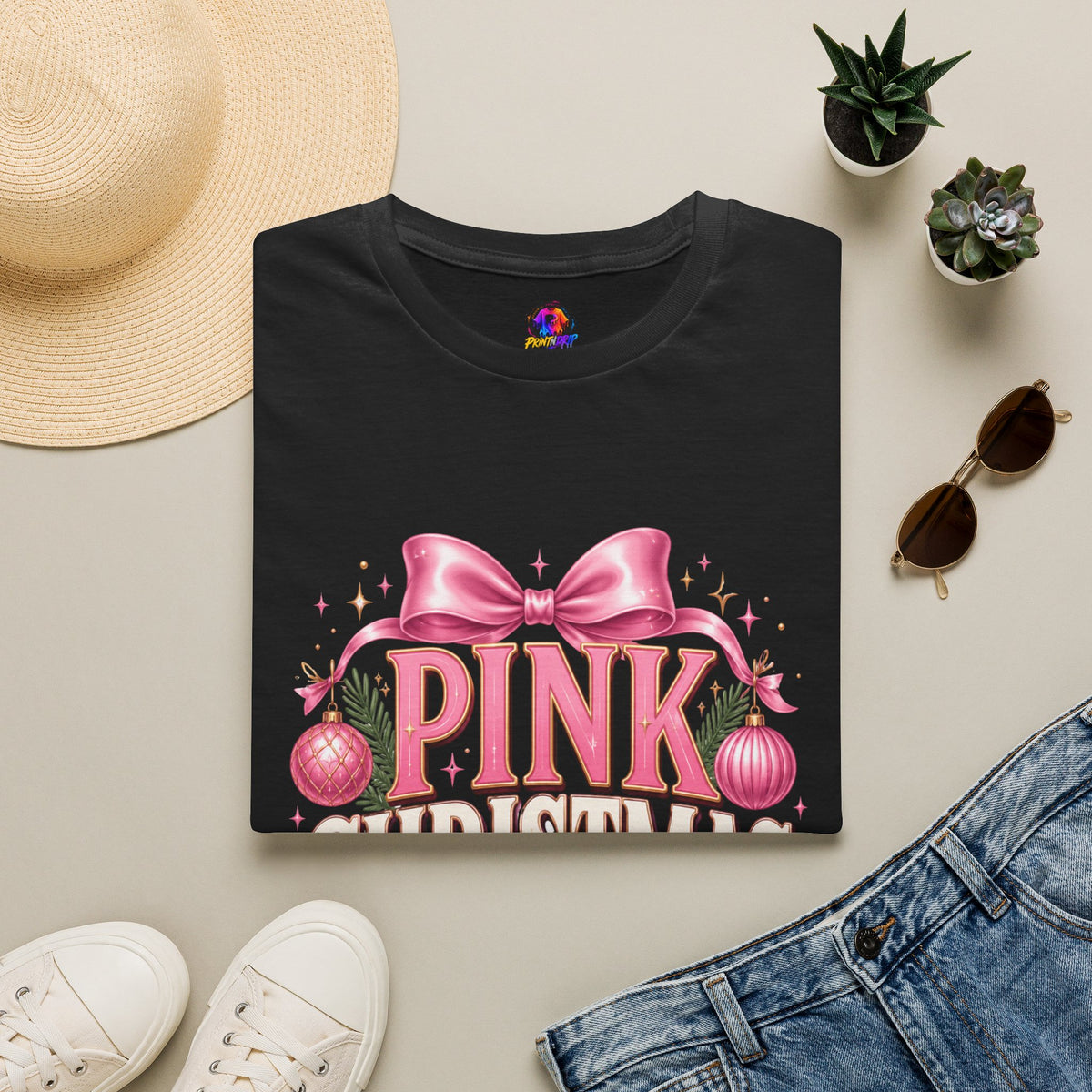 Pink Christmas Club T-Shirt — Womens Festive Holiday Tee with Bow & Ornaments