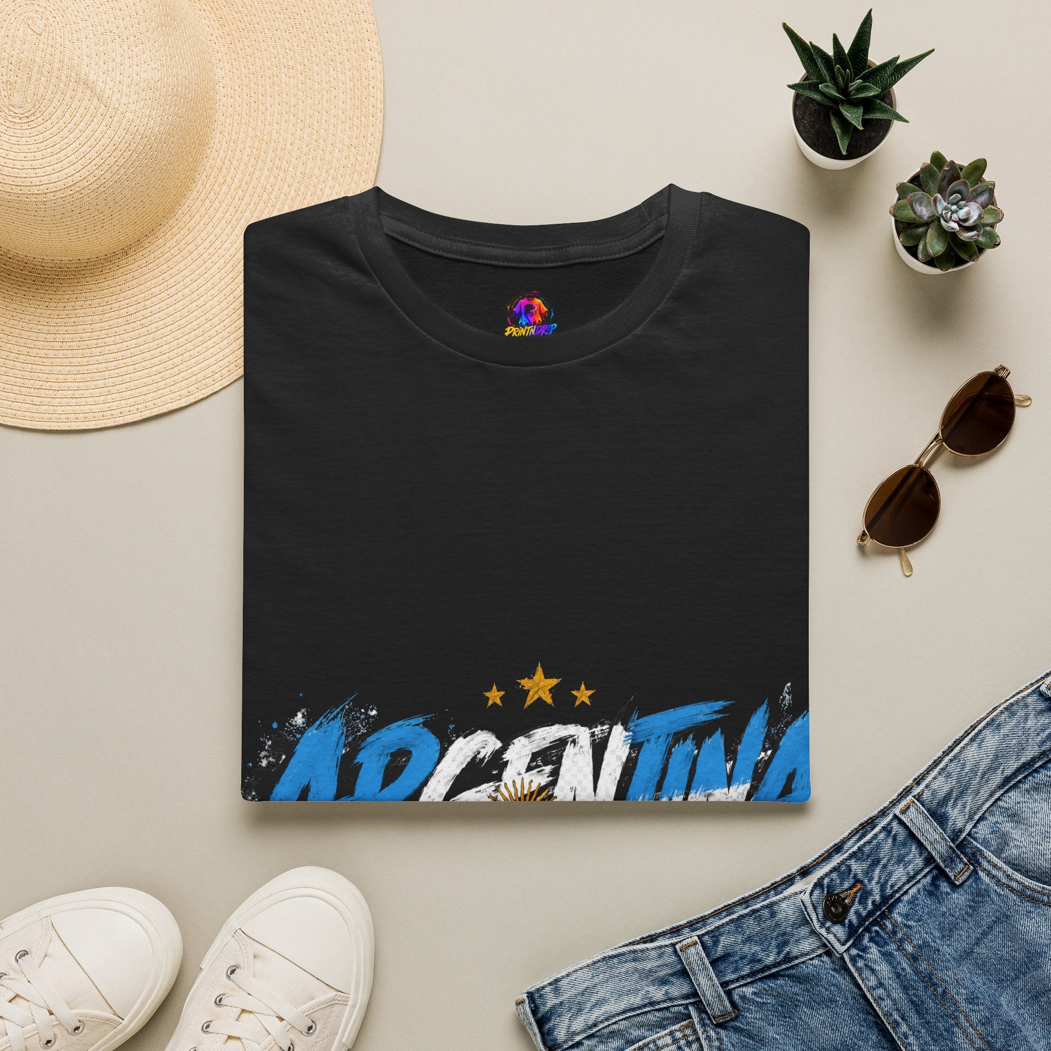 Argentina Graffiti T-Shirt — Soccer Fan Tee with Three Stars & Sun Emblem