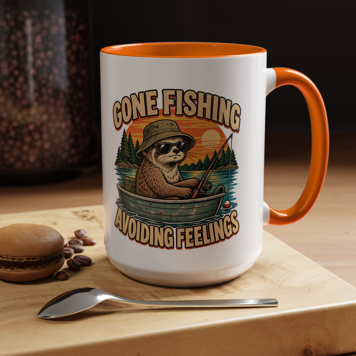 Funny And Witty "Gone Fishing Avoiding Feelings" Accent Coffee Mug (11, 15oz)