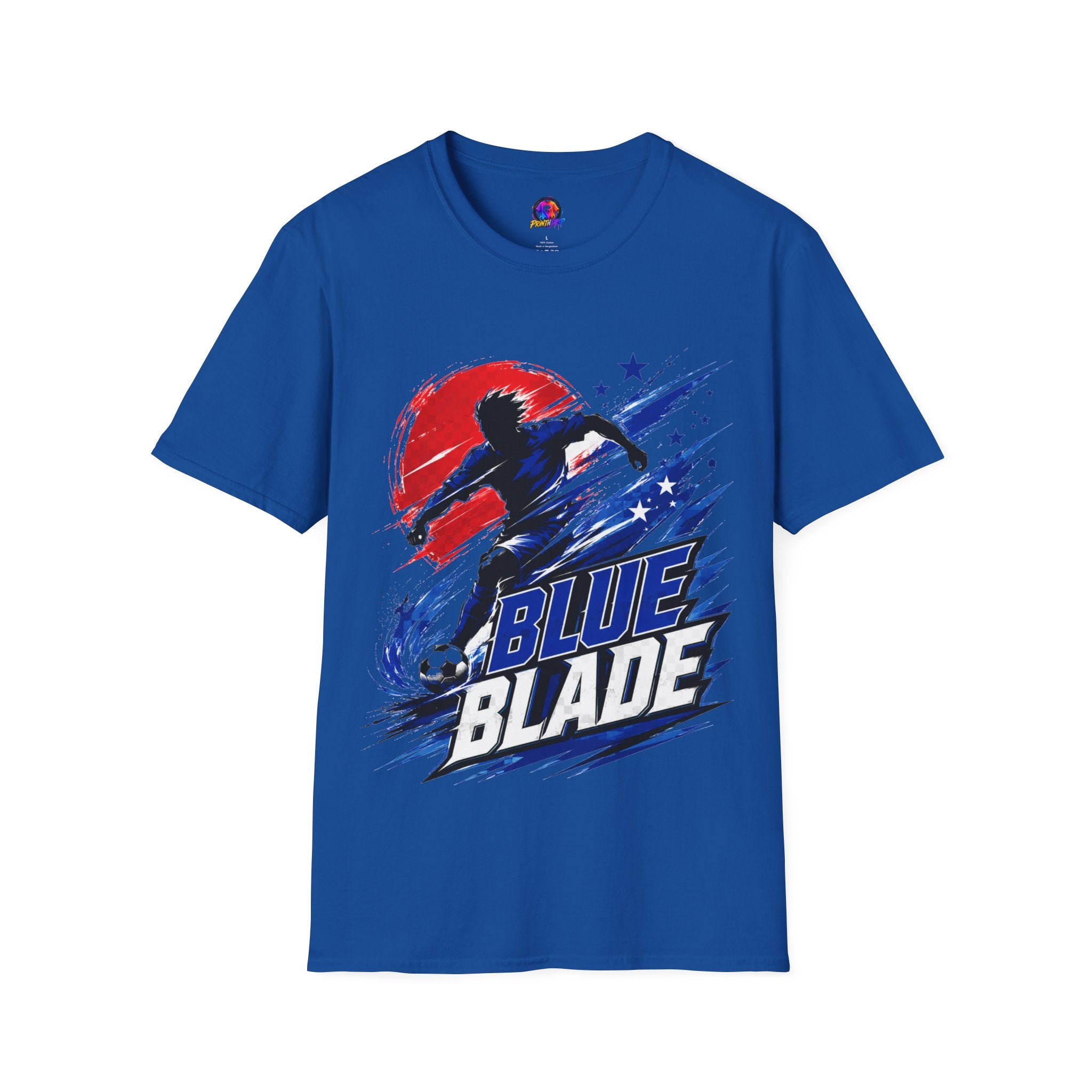 Japan T-Shirt — Blue Blade Soccer Graphic Tee (Red & Blue Starburst)